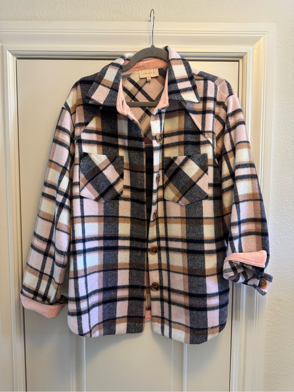 Skies Are Blue - Pink, Brown & Black Plaid Shacket